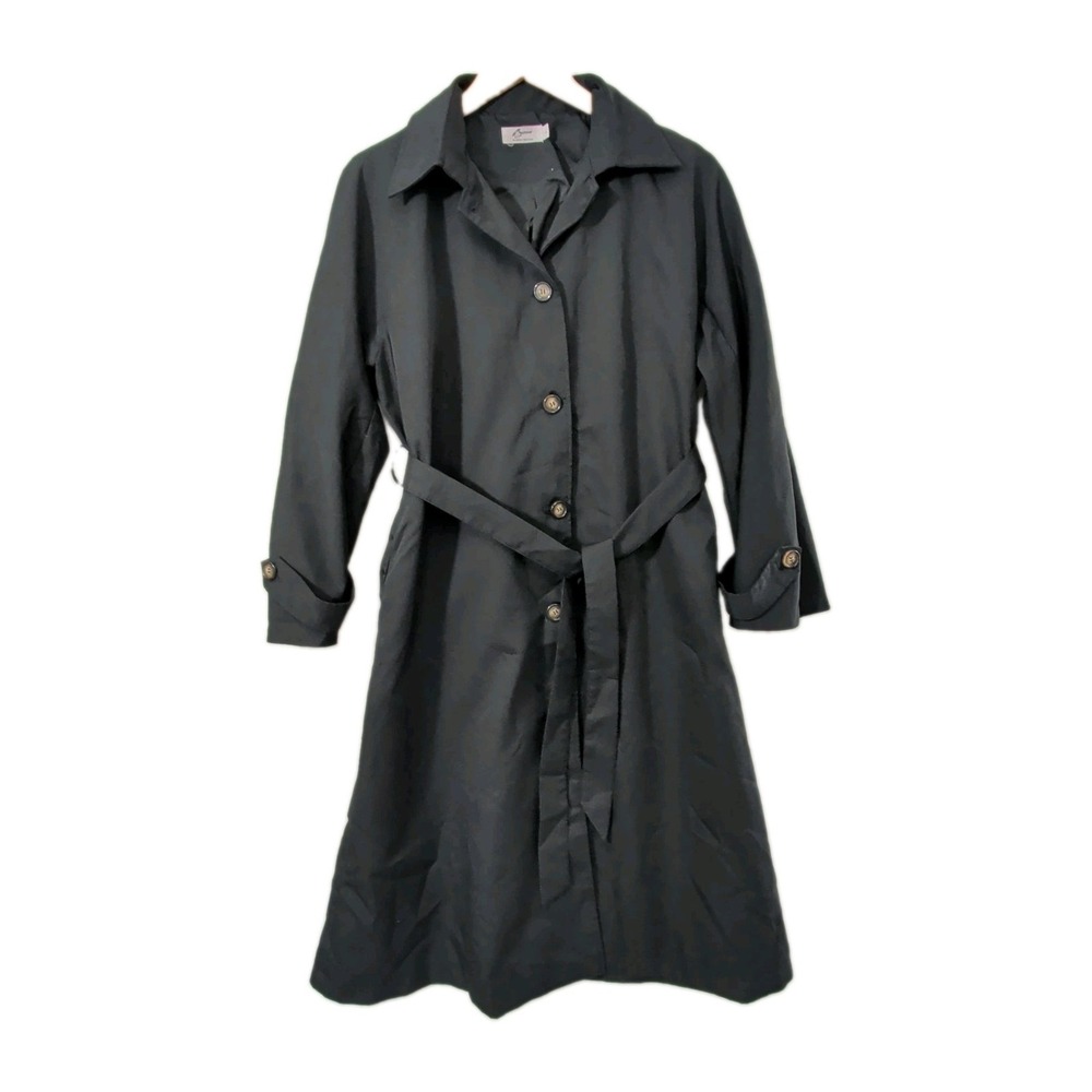 Belted Trench Coat Jacket Womens L Black Lined Outdoor Business Casual‎ Capsule